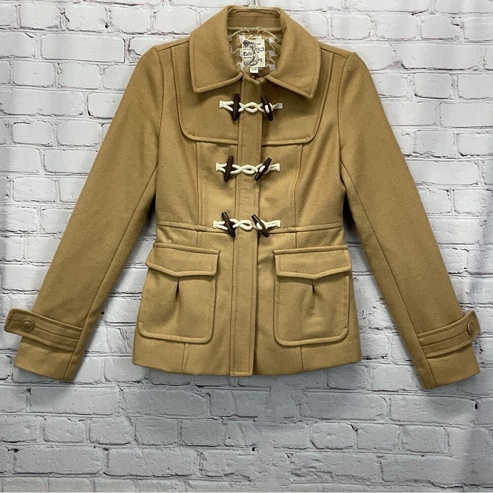 Anthropologie Tulle Coat Women's Size XS Tan Wool Blend Full Zip Toggle Buttons